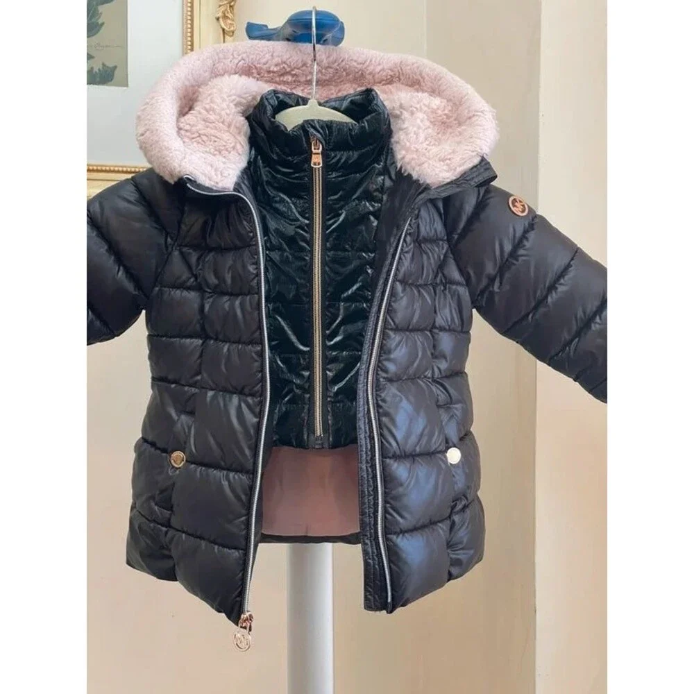 Michael Kors Girls Double Zip Puffer Jacket Black Pink Faux Fur Hood Sz 2T